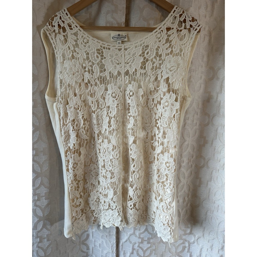 Grand & Grace Cream Light Beige Cotton Lace Sleeveless Blouse Tops Casual Sz XL